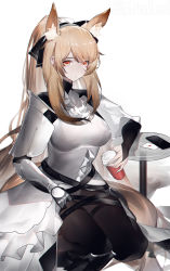 Rule 34 | 1girl, absurdres, ace (playing card), ace of hearts, animal ear fluff, animal ears, arknights, armor, black pantyhose, black ribbon, blemishine (arknights), blonde hair, breasts, bridal gauntlets, card, cellphone, commentary request, cup, hair ribbon, heart, highres, holding, holding cup, horse girl, long hair, medium breasts, orange eyes, pantyhose, partial commentary, phone, playing card, ribbon, smartphone, solo, thighs, vambraces, yushe quetzalli