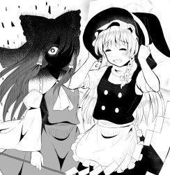 Rule 34 | 2girls, absurdres, angry, apron, ascot, blush, bow, braid, commentary request, detached sleeves, closed eyes, eyes in shadow, gohei, greyscale, grin, hair bow, hair tubes, hakurei reimu, hat, hat bow, highres, holding, holding clothes, holding hat, kirisame marisa, long hair, looking at viewer, masakano masaka, monochrome, multiple girls, side braid, single braid, smile, touhou, translation request, waist apron, witch hat