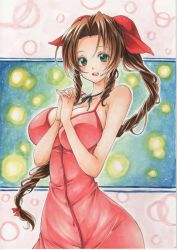 Rule 34 | 1girl, aerith gainsborough, bare arms, braid, braided ponytail, breasts, brown hair, buttons, choker, cleavage, cowboy shot, dress, final fantasy, final fantasy vii, green eyes, hair ribbon, highres, large breasts, long hair, looking at viewer, mary0524, open mouth, own hands clasped, own hands together, parted bangs, pink dress, red ribbon, ribbon, ribbon choker, sidelocks, sleeveless, sleeveless dress, solo, teeth, traditional media, upper teeth only