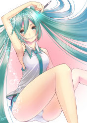 Rule 34 | 1girl, aqua eyes, aqua hair, arm up, bad id, bad pixiv id, bare arms, bare legs, grin, hamizu, hatsune miku, highres, holding, long hair, looking at viewer, necktie, panties, pencil, skirt, sleeveless, smile, solo, thighs, twintails, underwear, very long hair, vocaloid