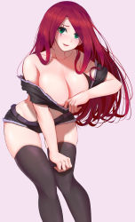 Rule 34 | 1girl, bare shoulders, blush, breasts, cleavage, collarbone, fang, green eyes, highres, katarina (league of legends), large breasts, league of legends, long hair, looking at viewer, midriff, navel, off shoulder, open mouth, pao mian+dan, red hair, scar, scar across eye, scar on face, smile, solo, thighhighs