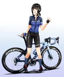 Rule 34 | 1girl, alternate costume, bicycle, bike shorts, black eyes, black footwear, black hair, black shorts, blue shirt, commentary request, fingerless gloves, fubuki (kancolle), gloves, grey socks, highres, kantai collection, kazu (really in hot water now), long hair, low ponytail, multicolored clothes, multicolored gloves, ponytail, shirt, short ponytail, shorts, sidelocks, socks, solo, standing, waving