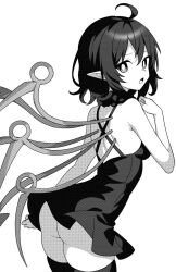 Rule 34 | 1girl, ahoge, ass, asymmetrical wings, breasts, bright pupils, commentary, dress, greyscale, houjuu nue, looking at viewer, medium breasts, monochrome, onkn sxkn, open mouth, pointy ears, short hair, solo, thighhighs, touhou, wings