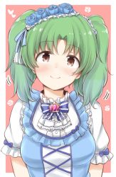 Rule 34 | 1girl, blue bow, blue dress, blue flower, blue rose, blush, bow, breasts, brown background, brown eyes, closed mouth, dress, flower, green hair, hair flower, hair ornament, heart, idolmaster, idolmaster million live!, lockheart, medium breasts, parted bangs, puffy short sleeves, puffy sleeves, rose, shirt, short sleeves, sleeveless, sleeveless dress, smile, solo, striped, striped bow, tokugawa matsuri, twintails, two-tone background, upper body, white background, white shirt