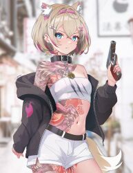 Rule 34 | 1girl, alternate costume, animal ears, arm tattoo, bandaid, bare shoulders, belt, blonde hair, blue eyes, blurry, blurry background, blush, breasts, chain, ear piercing, fake horns, gun, handgun, highres, holding, holding weapon, hololive, hololive english, horns, jacket, light blush, mococo abyssgard, multicolored hair, navel, piercing, pink hair, pistol, serious, short hair, shorts, sk jynx, small breasts, tattoo, two-tone hair, virtual youtuber, weapon