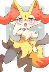 Rule 34 | 1girl, :3, absurdres, animal ear fluff, animal ears, animal feet, animal hands, animal nose, arm at side, black fur, blush, body fur, border, braixen, creatures (company), fang, female focus, fox ears, fox girl, fox tail, full body, furry, furry female, game freak, gen 6 pokemon, glasses, grey background, hand on own cheek, hand on own face, hand up, happy, highres, looking at viewer, multicolored fur, neck fur, nintendo, open mouth, outside border, pince-nez, pokemon, pokemon (creature), red-framed eyewear, red eyes, round eyewear, samenoha (salmon no kaori), simple background, smile, snout, solo, standing, stick, tail, thighs, white border, white fur, yellow fur