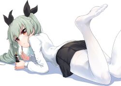 Rule 34 | 1girl, anchovy (girls und panzer), black ribbon, black skirt, buchikaki, commentary request, dress shirt, drill hair, food, foot out of frame, girls und panzer, green hair, hair ribbon, holding, holding food, holding pocky, long hair, long sleeves, lying, no shoes, on stomach, pantyhose, pleated skirt, pocky, red eyes, ribbon, shirt, simple background, skirt, solo, twin drills, twintails, white background, white pantyhose, white shirt