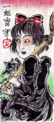 Rule 34 | 1girl, bow, broom, cat, fine art parody, hair bow, highres, ikkaisai, jiji (majo no takkyuubin), kiki (majo no takkyuubin), majo no takkyuubin, nihonga, parody, ukiyo-e