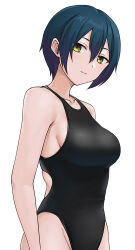 Rule 34 | 1girl, blue hair, breasts, closed mouth, collarbone, commentary request, competition swimsuit, hair between eyes, hashi, looking at viewer, medium breasts, one-piece swimsuit, original, short hair, simple background, smile, solo, swimsuit, white background, yellow eyes