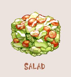 Rule 34 | cube, dressing, english text, food, food focus, grey background, lettuce, no humans, original, saino misaki, salad, simple background, tomato
