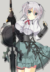 Rule 34 | 10s, 1girl, breasts, ciel alencon, corset, female focus, god eater, green eyes, hoshi (ho4 no), large breasts, looking at viewer, silver hair, solo, sword, weapon