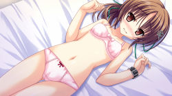Rule 34 | 1girl, bed, blush, bow, bow bra, bow panties, bra, breasts, brown eyes, brown hair, clover hair ornament, collarbone, embarrassed, game cg, hair ornament, hair ribbon, long hair, looking at viewer, lying, matui you, panties, pink bra, pink panties, ribbon, senkou no kishi ~christia knight~, small breasts, solo, source request, tamamo soft, underwear