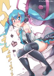 Rule 34 | 1girl, arm tattoo, bare shoulders, black footwear, black skirt, black sleeves, black thighhighs, blue eyes, blue hair, blue neckwear, blush, boots, bow, bow panties, breasts, camera, character name, collared shirt, detached sleeves, drone, dutch angle, earpiece, embarrassed, english text, female focus, grey shirt, hatsune miku, headgear, headphones, heart, highres, japanese text, koorimizu, leaning forward, long hair, matching hair/eyes, miniskirt, mirror, multiple views, necktie, nose blush, number tattoo, open mouth, panties, panty pull, pee, peeing, pleated skirt, reflection, shirt, sidelocks, simple background, sitting, skirt, sleeveless, sleeveless shirt, small breasts, speaker, sweat, tattoo, thigh boots, thighhighs, toilet use, translation request, trembling, twintails, underwear, vocaloid, wet, wet clothes, wet panties, white background, white panties, zettai ryouiki