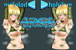 Rule 34 | 1girl, angry, armpit crease, armpit hair, armpit stubble, armpits, arms up, belly, bikini, bikini top only, blonde hair, blue eyes, blush, breasts, camouflage, camouflage bikini, clock, company name, eddarxart, elbow gloves, english text, exercising, furrowed brow, gear hair ornament, gloves, hair ornament, highres, hololive, hololive english, holomyth, large breasts, looking at viewer, military, navel, navel piercing, piercing, short hair, shouting, sideboob, solo, solo focus, steaming body, swimsuit, talking, underboob, virtual youtuber, watson amelia