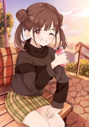 Rule 34 | 1girl, bench, black sweater, brown eyes, brown hair, can, checkered clothes, checkered skirt, commentary request, double bun, grin, hair bun, highres, holding, holding can, idolmaster, idolmaster shiny colors, long sleeves, looking at viewer, miniskirt, monon tulle, one eye closed, outdoors, park bench, short twintails, sitting, skirt, smile, solo, sonoda chiyoko, sweater, twilight, twintails