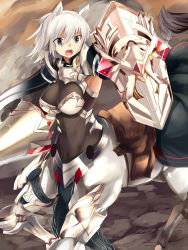 Rule 34 | 1girl, :o, animal ears, arm guards, armor, armored boots, armpits, bodysuit, boots, breastplate, centaur, centaur knight, covered navel, gem, glint, hair between eyes, highres, lance, open mouth, original, outstretched arm, polearm, round teeth, saddle, shield, short hair, silver hair, skin tight, solo, standing, tail, taur, teeth, thigh boots, thighhighs, tsurime, weapon, yoshizawa tsubaki