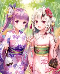 Rule 34 | 2girls, bamboo, bamboo forest, bell, blue hair, blurry, blurry background, blush, collarbone, commentary request, floral print, flower, forest, furisode, hair bell, hair flower, hair ornament, highres, hololive, horns, japanese clothes, kimono, long hair, long sleeves, looking at viewer, mask, mask on head, minato aqua, multicolored hair, multiple girls, nail polish, nakiri ayame, nature, obi, oni mask, open mouth, outdoors, pink kimono, pouch, purple eyes, purple hair, purple kimono, red eyes, sakura ani, sash, side ponytail, sidelocks, skin-covered horns, smile, two-tone hair, upper body, virtual youtuber, white hair, wide sleeves, wind chime