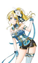 Rule 34 | 1girl, artist request, ayase eli, bare shoulders, blue eyes, blush, bow, breasts, chinese clothes, fingerless gloves, floral print, flower, frills, garter straps, gloves, hair bow, hair flower, hair ornament, lace, lace-trimmed legwear, lace trim, long hair, looking at viewer, love live!, love live! school idol festival, love live! school idol festival after school activity, love live! school idol project, official art, pinstripe pattern, ribbon, shorts, single thighhigh, sleeveless, smile, solo, strapless, striped, thighhighs, transparent background