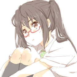 Rule 34 | 1girl, bespectacled, black hair, brown eyes, dress shirt, glasses, k-on!, karuha, hugging own legs, long hair, lowres, nakano azusa, necktie, pout, red-framed eyewear, shirt, solo, twintails