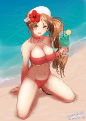 Rule 34 | 1girl, bikini, breasts, brown eyes, brown hair, collarbone, flower, hair flower, hair ornament, italia (kancolle), kantai collection, large breasts, littorio (kancolle), long hair, moke ro, navel, official alternate costume, red bikini, red flower, side ponytail, solo, swimsuit, wavy hair