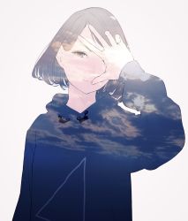Rule 34 | 1girl, blue hoodie, brown eyes, brown hair, closed mouth, covering face, frown, grey background, grimace, hand up, highres, hood, hood down, hoodie, long sleeves, looking at viewer, original, short hair, simple background, solo, sousou (sousouworks), upper body