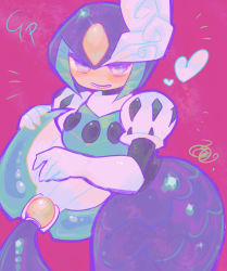 Rule 34 | 1girl, android, blue eyes, blush, capcom, elbow gloves, gloves, heart, helmet, holding, holding own tail, holding tail, mermaid, open mouth, purple background, mega man (series), mega man (classic), signature, simple background, solo, splash woman, tail