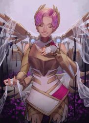 Rule 34 | 1girl, absurdres, apex legends, armor, ascendant valkyrie, bossan 3310, breastplate, closed eyes, clothing cutout, dress, fingerless gloves, flower, gloves, hand on own chest, head tilt, highres, mechanical wings, missile pod, nail polish, official alternate costume, parted lips, pink hair, pink nails, purple flower, short hair, shoulder cutout, smile, solo, valkyrie (apex legends), white dress, white gloves, wings