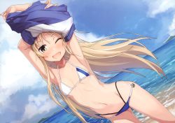 Rule 34 | 1girl, ;d, absurdres, armpits, arms up, beach, bikini, blonde hair, blush, breasts, contrapposto, cowboy shot, day, dutch angle, gluteal fold, halterneck, highres, horizon, kantai collection, layered bikini, long hair, multicolored bikini, multicolored clothes, ocean, one eye closed, open mouth, outdoors, scan, shimakaze (kancolle), small breasts, smile, solo, swimsuit, takanashi kei (hitsujikan), undressing, yellow eyes