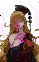 Rule 34 | 1girl, bare shoulders, black dress, bleeding, blonde hair, blood, blood from mouth, chinese clothes, collarbone, colored blood, commentary request, dress, energy, fox tail, hair over one eye, half-closed eye, hat, head tilt, highres, junko (touhou), long sleeves, looking at viewer, multiple tails, no pupils, obi, one-hour drawing challenge, open mouth, pointy ears, purple blood, raptor7, red eyes, sash, simple background, sketch, solo, tabard, tail, torn clothes, torn sleeve, torn tabard, touhou, uneven eyes, upper body, white background