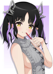 Rule 34 | 1girl, aran sweater, black hair, blush, breasts, bubble tea, cable knit, closed mouth, commentary request, cup, demon girl, demon horns, disposable cup, drinking straw, dutch angle, gradient background, grey sweater, highres, holding, holding cup, horns, kojo anna, kojo anna (3rd costume), looking at viewer, medium bangs, medium breasts, medium hair, meme attire, multicolored hair, nanashi inc., official alternate costume, pointy ears, purple background, purple hair, ribbed sweater, sideboob, sleeveless, sleeveless sweater, smile, solo, split mouth, sweater, turtleneck, turtleneck sweater, twintails, two-tone hair, upper body, virgin killer sweater, virtual youtuber, white background, yamapiyo, yellow eyes