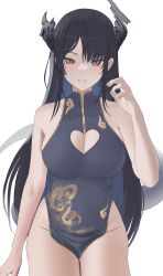 Rule 34 | 1girl, absurdres, asymmetrical horns, bare arms, bare legs, bare shoulders, black hair, blue hair, breasts, china dress, chinese clothes, cleavage cutout, clothing cutout, colored inner hair, demon horns, dress, highres, hololive, hololive english, horns, large breasts, long hair, looking at viewer, me0i, mole, mole under eye, multicolored hair, nerissa ravencroft, red eyes, simple background, slit pupils, smile, solo, uneven horns, very long hair, virtual youtuber, white background, yellow nails