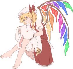 Rule 34 | 1girl, barefoot, blonde hair, expressionless, feet, flandre scarlet, flat color, frilled skirt, frills, full body, hat, mefomefo, mob cap, puffy short sleeves, puffy sleeves, red eyes, shirt, short sleeves, side ponytail, skirt, solo, spanish text, stuffed animal, stuffed rabbit, stuffed toy, touhou, vest, wings