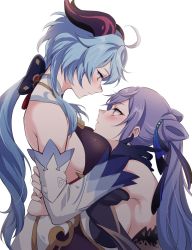 Rule 34 | 2girls, ahoge, bare shoulders, bell, blue hair, blue ribbon, blush, breasts, closed mouth, cone hair bun, cowbell, detached sleeves, eye contact, ganyu (genshin impact), genshin impact, goat horns, hair bun, hair ornament, hair ribbon, horns, keqing (genshin impact), keqing (opulent splendor) (genshin impact), long hair, looking at another, medium breasts, multiple girls, negom, official alternate costume, pink eyes, purple hair, ribbon, yuri