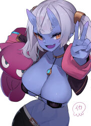 Rule 34 | 1girl, :d, belt, bikini, black bikini, blue skin, breasts, collarbone, colored skin, commentary request, eyepatch bikini, fang, highres, horns, large breasts, looking at viewer, medium hair, navel, oni, oni horns, open mouth, orange eyes, original, simple background, skin fang, smile, solo, swimsuit, twintails, v, virgosdf, white background, white belt, white hair