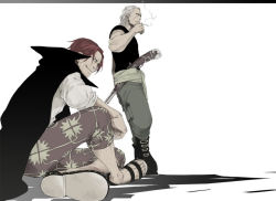 Rule 34 | 2boys, amputee, benn beckman, boots, cigarette, full body, gun, jacket, letterboxed, looking at viewer, male focus, multiple boys, one piece, red hair, sandals, shanks (one piece), shirt, sitting, smoking, standing, weapon, white hair, white shirt