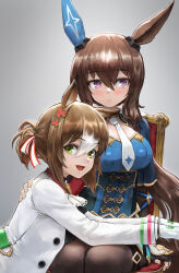 2girls :d admire_vega_(umamusume) animal_ears black_gloves black_pantyhose blush breasts brown_hair chair clover_hair_ornament commentary_request ear_covers facing_viewer fine_motion_(umamusume) fingerless_gloves fingernails gloves green_eyes grey_background hair_between_eyes hair_ornament hair_ribbon hand_on_another&#039;s_back highres horse_ears horse_girl long_hair long_sleeves looking_at_viewer multicolored_hair multiple_girls necktie open_mouth pantyhose purple_eyes ribbon simple_background single_ear_cover sitting smile sterben umamusume upper_body white_gloves white_hair white_necktie