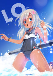 Rule 34 | 10s, 2girls, blonde hair, blue eyes, crop top, flower, hair flower, hair ornament, i-401 (kancolle), kantai collection, long hair, masamuuu, multiple girls, ro-500 (kancolle), sailor collar, school swimsuit, swimsuit, swimsuit under clothes, tan, tanline, torpedo