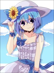Rule 34 | 1girl, adjusting clothes, adjusting headwear, alternate costume, bare shoulders, blue bow, blue eyes, blue hair, blue sky, blue wrist cuffs, bluestar iz, blush stickers, border, bow, breasts, claire elford, cleavage, cloud, collarbone, dress, flower, frilled wrist cuffs, frills, hair between eyes, hat, hat bow, jaggy lines, large breasts, looking at viewer, parted lips, ribbon, short hair, sky, smile, solo, sun hat, sunflower, white border, white dress, white hat, white ribbon, witch&#039;s heart, wrist cuffs