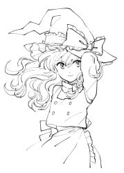 Rule 34 | 1girl, apron, arm behind head, bow, closed mouth, commentary request, frilled bow, frills, greyscale, hair bow, hat, hat bow, kirisame marisa, long hair, long sleeves, looking at viewer, monochrome, natsume (menthol), shirt, simple background, skirt, smile, solo, touhou, turtleneck, upper body, vest, waist apron, white background, wind, witch hat