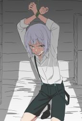 Rule 34 | 1boy, arms up, black shorts, blue eyes, bound, bound wrists, clenched teeth, collared shirt, highres, kneeling, looking at viewer, male focus, monochrome background, original, purple hair, rope, shirt, shoes, shorts, sleeves rolled up, solo, suspender shorts, suspenders, sweatdrop, teeth, white shirt, yoroi jinkotu