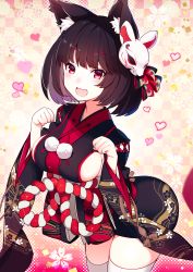 Rule 34 | 1girl, :3, :d, animal ears, azur lane, bad id, bad pixiv id, bent over, black hair, black kimono, blush, bob cut, breasts, cat ears, cat mask, checkered background, cherry blossoms, cowboy shot, eyebrows, eyelashes, facing away, fang, floral background, floral print, hair ribbon, heart, highres, japanese clothes, kat (bu-kunn), kimono, large breasts, leaning, leaning forward, legs together, long sleeves, looking at viewer, mask, mask on head, multicolored background, no bra, open mouth, paw pose, raised eyebrows, red eyes, red ribbon, remodel (azur lane), ribbon, rope, shimenawa, short hair, short kimono, sideboob, smile, solo, standing, thighhighs, tongue, tsurime, white thighhighs, wide sleeves, yamashiro (azur lane), zettai ryouiki