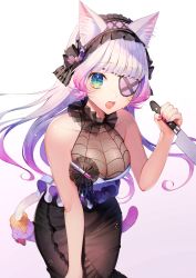 Rule 34 | 1girl, animal ear fluff, animal ears, bare arms, bare shoulders, black bow, black skirt, blue eyes, blunt bangs, blush, bow, breasts, candy, candy hair ornament, cat ears, cat girl, cat tail, cleavage, eyepatch, fang, fishnets, food, food-themed hair ornament, gradient background, gradient hair, hair ornament, hairband, halterneck, highres, holding, holding knife, kitchen knife, knife, large breasts, leaning forward, light purple hair, lolita hairband, long hair, looking at viewer, momoshiki tsubaki, multicolored hair, nail polish, one eye covered, open mouth, original, pink background, pink hair, skirt, sleeveless, slit pupils, solo, syringe, tail, whiskers, white background