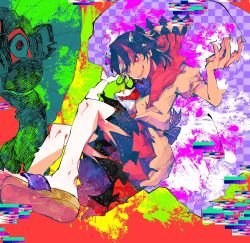 Rule 34 | 1girl, arrow (symbol), black hair, cone horns, crack, cracked glass, glitch, grey horns, highres, horns, itomugi-kun, kijin seija, multicolored background, multicolored hair, paint splatter, psychedelic, red eyes, red hair, sandals, short hair, skirt, smile, solo, streaked hair, toes, touhou, white hair