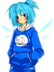 Rule 34 | 1girl, alternate costume, bad id, bad pixiv id, blue eyes, blue hair, blush, casual, circled 9, cirno, contemporary, female focus, hands in pockets, hood, hoodie, imo kenpi, imo kenpi (pixiv458024), matching hair/eyes, ponytail, short hair, simple background, solo, standing, tomo, touhou, white background
