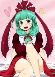 Rule 34 | 1girl, bow, breasts, dress, frilled dress, frills, front ponytail, gotakichi, green eyes, green hair, highres, kagiyama hina, large breasts, looking at viewer, open mouth, red bow, red dress, red ribbon, ribbon, sitting, smile, solo, thighs, touhou