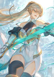Rule 34 | 1girl, :o, armor, bare shoulders, black thighhighs, blonde hair, breastplate, breasts, cloud, cloudy sky, dress, gauntlets, green eyes, highres, holding, holding sword, holding weapon, large breasts, long hair, mashuu (neko no oyashiro), multicolored hair, open mouth, original, ponytail, shin guards, sky, solo, sword, teeth, thighhighs, two-tone hair, upper teeth only, weapon, white dress
