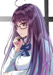 Rule 34 | 1girl, ahoge, black-framed eyewear, black bow, bow, breasts, collared shirt, commentary request, diagonal-striped bow, dress shirt, glasses, hand up, highres, holding, holding stylus, long hair, long sleeves, looking away, medium breasts, natsuki (natukituki), original, purple hair, red eyes, shirt, sleeves past wrists, solo, stylus, upper body, very long hair, white shirt, window