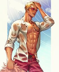 Rule 34 | 1boy, abs, arm up, blonde hair, capri pants, chest tattoo, closed mouth, cloud, cloudy sky, coat, cowboy shot, day, donquixote doflamingo, hand on own head, highres, holding, holding clothes, holding coat, male focus, muscular, muscular male, navel, one piece, open clothes, pants, red-tinted eyewear, shirt, short hair, sky, smiley face, sunglasses, sweatdrop, tattoo, thread, tinted eyewear, wet, wet clothes, white-framed eyewear, white shirt, yoleviii