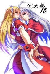 Rule 34 | 2girls, ahoge, apron, ass, back bow, blonde hair, bow, breasts, capelet, dress, dutch angle, grey eyes, hug, long hair, maid, maid apron, maid headdress, medium breasts, multiple girls, open mouth, puffy short sleeves, puffy sleeves, red capelet, red dress, shinki (touhou), short sleeves, silver hair, simple background, smile, touhou, touhou (pc-98), translation request, white background, white bow, wrist cuffs, yellow eyes, yumeko (touhou), zephid