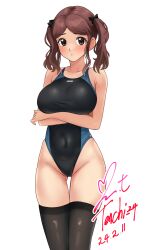 Rule 34 | 1girl, amagami, black one-piece swimsuit, black thighhighs, breasts, brown eyes, brown hair, competition swimsuit, covered navel, dated, gluteal fold, highleg, highleg swimsuit, highres, large breasts, medium hair, nakata sae, one-piece swimsuit, signature, simple background, solo, swimsuit, thigh gap, thighhighs, twintails, two-tone swimsuit, white background, yoo tenchi